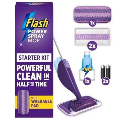Image of Flash Powermop Floor Cleaner Starter Kit, Spray Mop, Dry Wet All In One Mopping System, Powered Deep Clean For Your Hard Surfaces (1 washable pad + 2 disposable pads)
