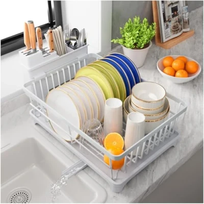 Image of PurKeep Dish Drainer Rack with Utensil Holder for Kitchen Counter Space Saving, Large Capacity Drying Draining Board, White