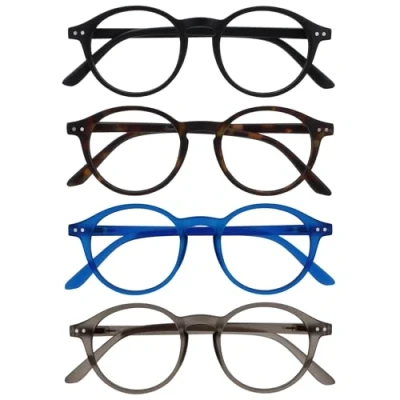 Image of OPULIZE REY Reading Glasses 4 Pack Retro Round Frame Matt Black, Brown Tortoiseshell, Blue, Grey Mens Womens Spring Hinges RRRR56 1237 +1.50