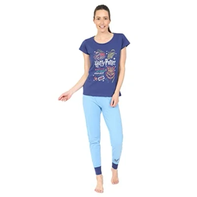 Image of Harry Potter Hogwarts Matching Ladies and Girls Long Pyjama Set Blue (14 16)