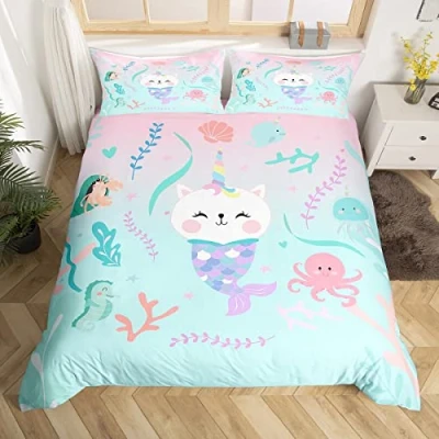 Image of Mermaid Duvet Cover Set King Size, Seahorse Octopus Jellyfish Comforter with 2 Pillowcases, Marine Life Bedding 3pcs for Kids Boys Girls Bedroom Decor, Coral Seaweed Bedspread