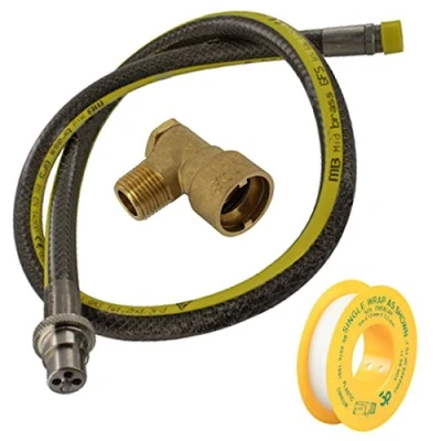 Image of SPARES2GO Universal Oven Cooker Gas Supply Hose, PTFE Pipe Tape &amp; Angled Connector (4ft 1/2 inch, Straight Bayonet, BS EN14800 CE)