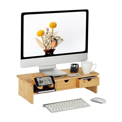 Image of Relaxdays Bamboo Monitor Stand, Natural, 16 x 57.5 25 cm