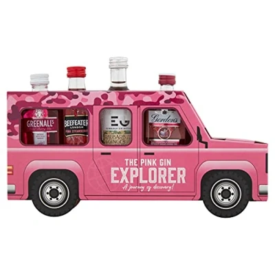 Image of The Pink Gin Explorer Jeep Gift Box includes 4 flavoured Gins 5cl Novelty Set by Blue Tree Gifts