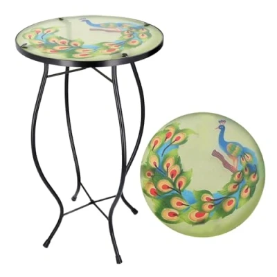 Image of Iron/Glass Round Mosaic Design Side Table Garden Outdoor Patio Flower Plant Stand (Peacock)