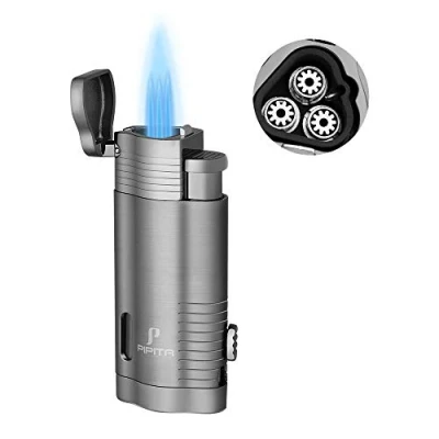 Image of PIPITA Torch Lighter Windproof Triple Jet Blue Flame Butane Lighters Refillable Gas with Punch (Grey)