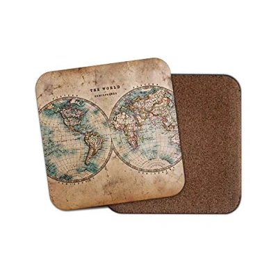 Image of 1 x Vintage World Hemispheres Map Coaster Rustic Geography Student Fun #14392