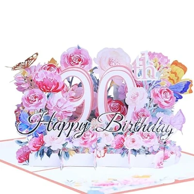 Image of Happy 90th Birthday Card, 3D Flower Pop Up Greeting Cards, Cards with Envelope and Note Anniversary Card,Birthday Gift for Women Men