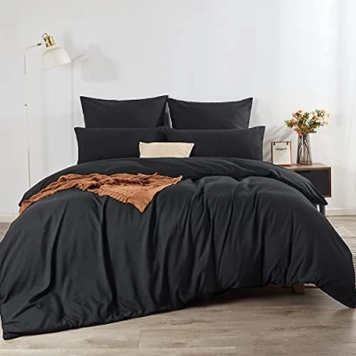 Image of Soifox Bed Linen, 200 x 220 cm, Black, Soft and Comfortable, Non Iron Wrinkle , Duvet Cover cm with 80 Pillowcase, Set of 2, Winter Linen Zip