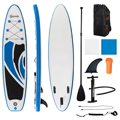 Image of Outsunny 10.6&#039; x 32&quot; 6&quot; Inflatable Stand Up Paddle Board, Non Slip &amp; Ultra Light Deck with ISUP Accessories, Adj Paddle, Pump, Backpack Bag, and Three Bottom Fins, for Youth Adults Beginner