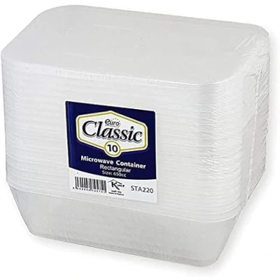 Image of Euro Classic 10 Pack Rectangular Plastic Food Containers with Leak Proof Lids Microwave, Fridge, and Freezer Safe Recyclable, Washable, Meal Prep Storage Tubs