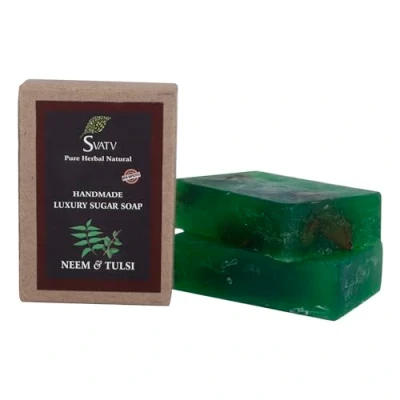 Image of SVATV Soap Neem &amp; Tulsi Best Exfoliating Bar, Traditional Ayurvedic Herbal For All Skin Type 125 Grams x 2 Bars
