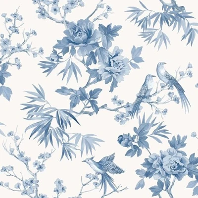 Image of SOPHIE LAURENCE Amie Jardin Chinoiserie Blue Floral Wallpaper, Birds and Blooms, Nature Inspired Decor, 10m Roll