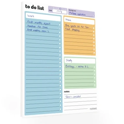 Image of A5 To Do List Pad 52 sheet Daily Checklist planner 3 section undated desk organiser by Noted 21x15cm for work, study revision and home planning colourful 100gsm