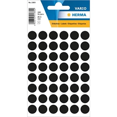 Image of HERMA Dot Stickers Black, 240 Labels, Ø 13 mm, 48 Labels per Sheet, Self Adhesive Round Colour Stickers, Blank Marking Dots, Sticky Circle for Color Coding Calendar