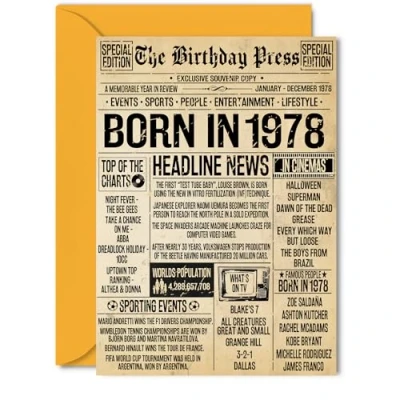 Image of 47th Birthday Card for Men Women Bday Press Newspaper 1978 Happy 47 Cards Dad Uncle Friend Niece Nephew Neighbour, 5x7 Inch Greeting