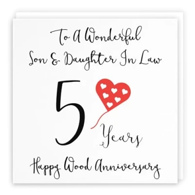 Image of Hunts England Son And Daughter In Law 5th Anniversary Card To A Wonderful &amp; 5 Years Happy Wood Love Heart Collection