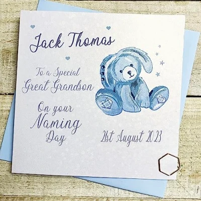 Image of WHITE COTTON CARDS GREAT GRANDSON PERSONALISED NAMING DAY CARD, BLUE BUNNY DESIGN, HAND FINISHED (X) P23 41 GGS