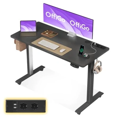 Image of OffiGo Height Adjustable Desk, 120cm Electric Desk with USB, 2 Memory Functions, for Office, Home, Gaming, Black