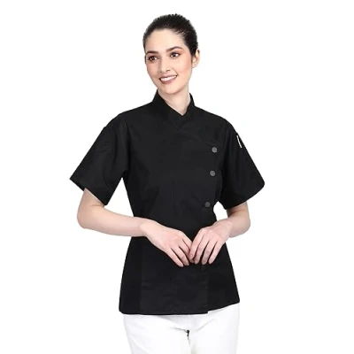 Image of Short Sleeves Women&#039;s Ladies Side Mesh Panel Chef Coat by Uniformates (Black, S (for Bust 34 35))