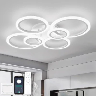 Image of YOLEDY Chandeliers Ceiling Light with Remote Control &amp; APP, LED Fittings Ceilings 6 Rings, Dimmable, Memory Timer, Modern Lights Living Room Hall Lounge Bedroom, White