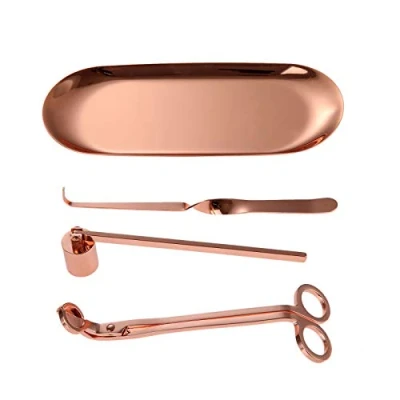 Image of MUXSAM Candle Snuffer,Candle Wick Trimmer,Candle Tray &amp; Core Hook Accessory Set Care kit Stainless Tools Pack Rose Gold 4Pcs