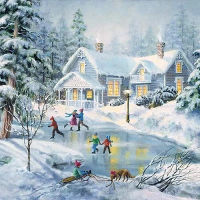Image of 20 napkins children when ice skating as winter table decoration with in the snow 33 x cm.
