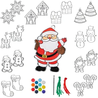 Image of THE TWIDDLERS 20 Christmas Suncatcher in Assorted Festive Designs Paint Your Own DIY Ornament Bauble Decorations Fun Gift, Toy Art Crafts Complete Set, Activity for Kids, Party Bag Fillers
