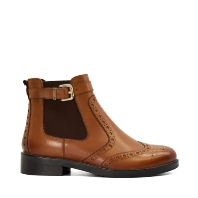 Image of Dune Ladies QUESTION Brogue Detail Leather Chelsea Boots Size UK 3 Flat Heel Tan