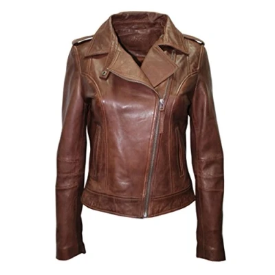 Image of Infinity Ladies Retro Brando 442 Chestnut Brown Biker Casual Soft Nappa Leather Jacket (20)