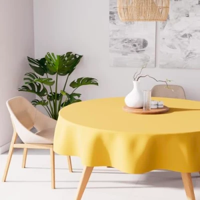 Image of Soleil d&#039;ocre, Alix Round Stain Resistant Tablecloth, Polyester, Radiant Yellow, Diameter 180 cm