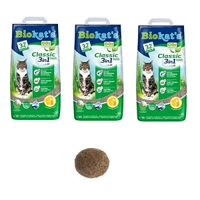 Image of Biokat Classic Fresh 3in1 Scented Cat Litter 30L Antibacterial Disposable And Hypoallergenic Hygiene Granules With Smell Control Formula Combined 4.5cm Natural Catnip Ball