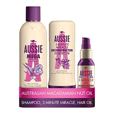 Image of Aussie Mega Shampoo and Conditioner Set with Clarifying Shampoo, 3 Minute Miracle Deep Hair Oil, for Damaged Hair, Australian Blue Mountain Eucalyptus Extract, Cruelty free