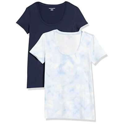 Image of Amazon Essentials Women&#039;s Classic Fit Short Sleeve Scoop Neck T Shirt (Available in Plus Size), Pack of 2, Navy/White Tie Dye, S