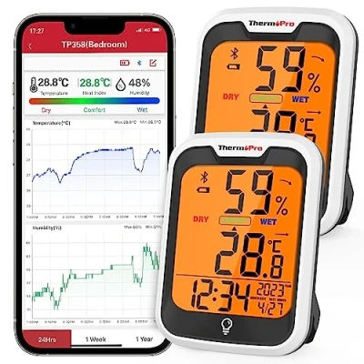 Image of ThermoPro TP358 Bluetooth Hygrometer Room Thermometer with Built in Clock, Swiss made Sensor Indoor Backlit and Notification Alert Ideal for Baby Room, Greenhouse, Office, 2 Pieces, 6.5cm x 9cm
