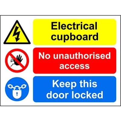 Image of Electrical cupboard, no unauthorised access Keep this door locked safety sign Self adhesive sticker 300mm x 200mm
