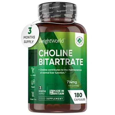 Image of Vegan Choline Supplement 714mg 3 Months Supply (180 Capsules) Liver Supplements Bitartrate for High Absorption Contributes to Metabolism (EFSA) Inositol Tablets Alternative