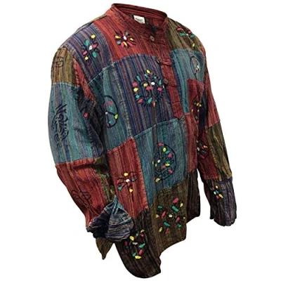 Image of SHOPOHOLIC FASHION Men Striped Patchwork Hippie Festival Grandad Shirt, M