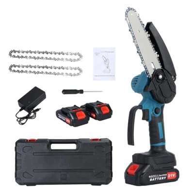 Image of Calager Mini Chainsaw,6 inch Cordless Chainsaw with 2 Batteries,1500mAh Battery Powered Electric Chainsaw,Portable Small Handheld Chain Saws for Tree Branch Wood Cutting (Blue)