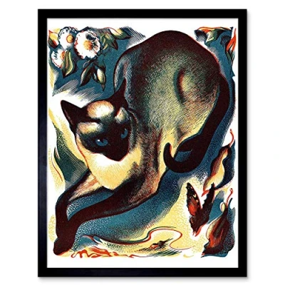 Image of Wee Blue Coo Paintings Animal Cat Butterfly Siamese Art Print Framed Poster Wall Decor 12X16 Inch