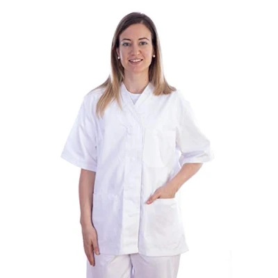 Image of Gima Jacket, Hospital Scrub Tunic Top, Made of Cotton and Polyester, White Colour, V Neck, Short Sleeve, 5 Buttons, Unisex, Size XL, for Doctors, Vets, Nurses Medical Staff
