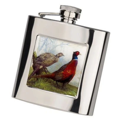 Image of Farm Cottage Brands 6oz oblong pheasant scene Stainless Steel hip flask with funnel, for game days, shotgun users