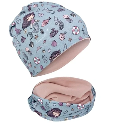 Image of HECKBO Children Girl Beanie Hat &amp; Loop Scarf Set Mermaid Mermaids Reversible Spring Summer Fall 2 8 years 95% Cotton Soft Easy Care Stretch Material for cool Kids Boys Girls