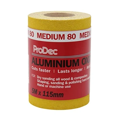 Image of ProDec 5m Roll 80 Grit Medium Grade Yellow Aluminium Oxide Abrasive Sanding Paper for Wood, Paint, Plaster, Filler, Metal and More, 115mm Wide Sandpaper Compatible with Machine Sanders