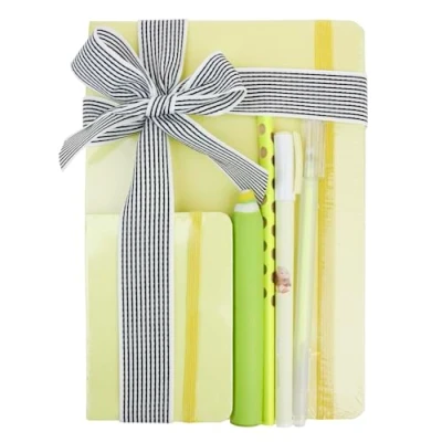 Image of Emartbuy Cool Stationery Unique Gift Set with Pastel A5 and A7 Notebook Journal Gel Pen Pencil in Ribbon Yellow