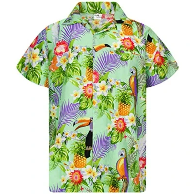 Image of King Kameha Mens Vintage Hawaiian Shirt Casual Short Sleeve Button Down Bird Designs, Parrot Cockatoo, Mint Green, L