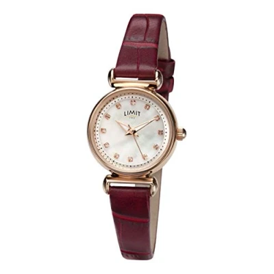 Image of Limit Ladies 23m Classic Rose Gold Case Mother of Pearl Dial Croco Textured Red PU Strap Watch 60043