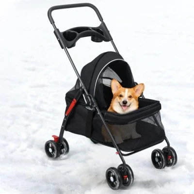 Image of kamulouk 4 Wheels Dog Stroller, Outdoor Travel Pet Folding Cat Cage Stroller with Cup Holder, Cats Dogs Pushchair, Breathable and Visible Mesh for Medium Small Black
