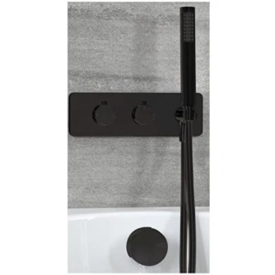 Image of Milano Nero Modern Thermostatic Mixer Valve Hand Shower Handset Overflow Bath Filler Tap Black