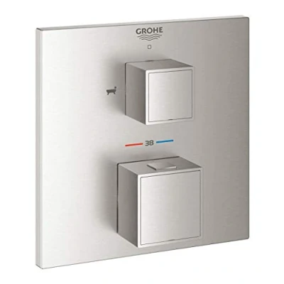 Image of GROHE Grohtherm Cube Thermostatic Bath Mixer Trim Set to Control Shower and Filling Functions, Concealed Installation, Stainless Steel Look 24155DC0